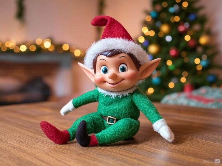 Poupée de lutin en costume vert et bonnet rouge, assise sur une table en bois devant un sapin de Noël illuminé