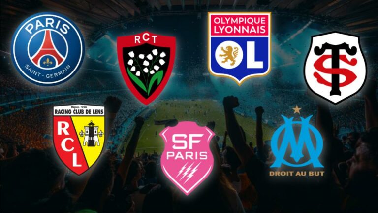 Logos du PSG, du RC Toulon, de l'Olympique lyonnais, du Stade toulousain, du RC Lens, du Stade français et de l'Olympique de Marseille sur fond de stade plein