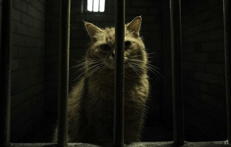 Chat tigré roux assis derrière les barreaux d'une cellule sombre, éclairé par une petite fenêtre grillagée
