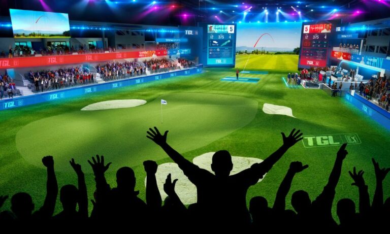Vue d'artiste de l'arène de la TGL : un green artificiel avec bunkers, un immense écran affichant un fairway, des tribunes éclairées et des spectateurs qui lèvent les bras