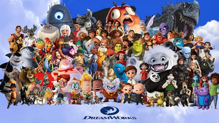 Affiche réunissant des dizaines de personnages des films DreamWorks Animation, dont Shrek, Po le panda, Krokmou et le Chat Potté, au-dessus du logo DreamWorks