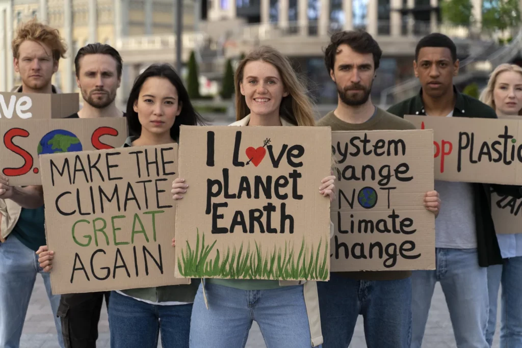 Groupe de jeunes manifestants dans une rue, tenant des pancartes en carton pour le climat, dont « I love planet Earth » et « Make the climate great again »