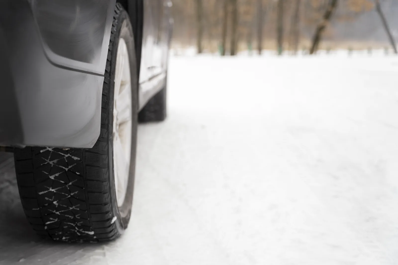 Roue arrière d'une voiture équipée d'un pneu hiver, sur une route couverte de neige bordée d'arbres