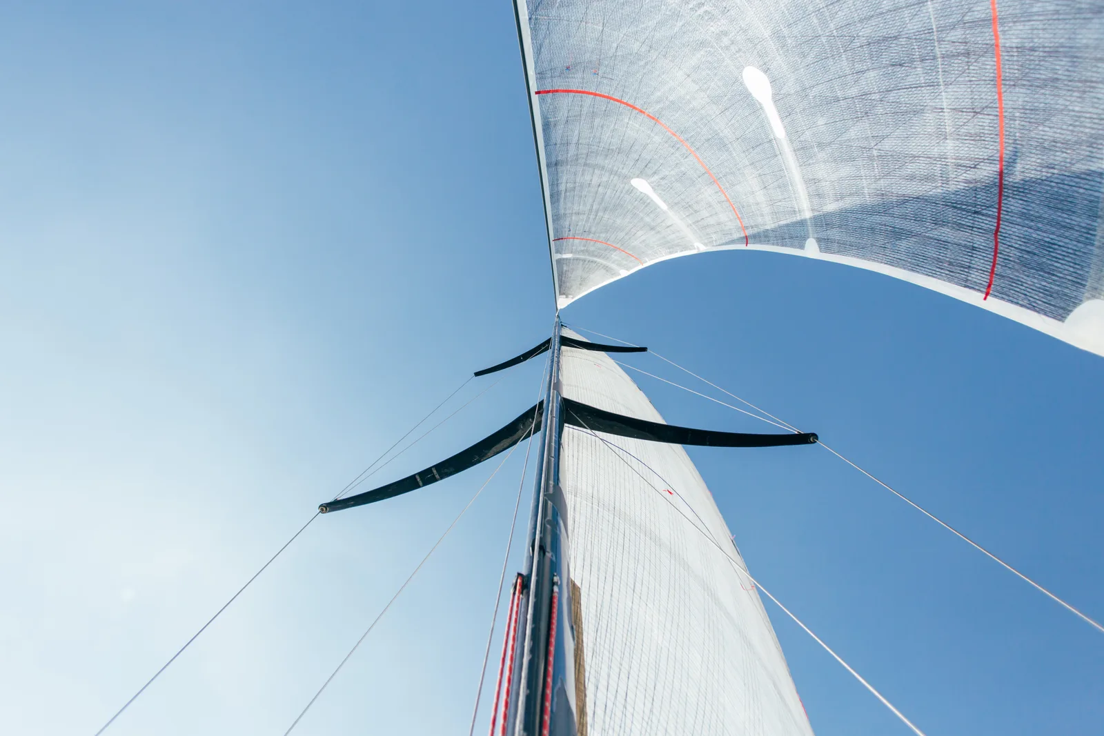 Grand-voile et voile d'avant d'un voilier de course gonflées par le vent, vues du pied du mât sous un ciel bleu